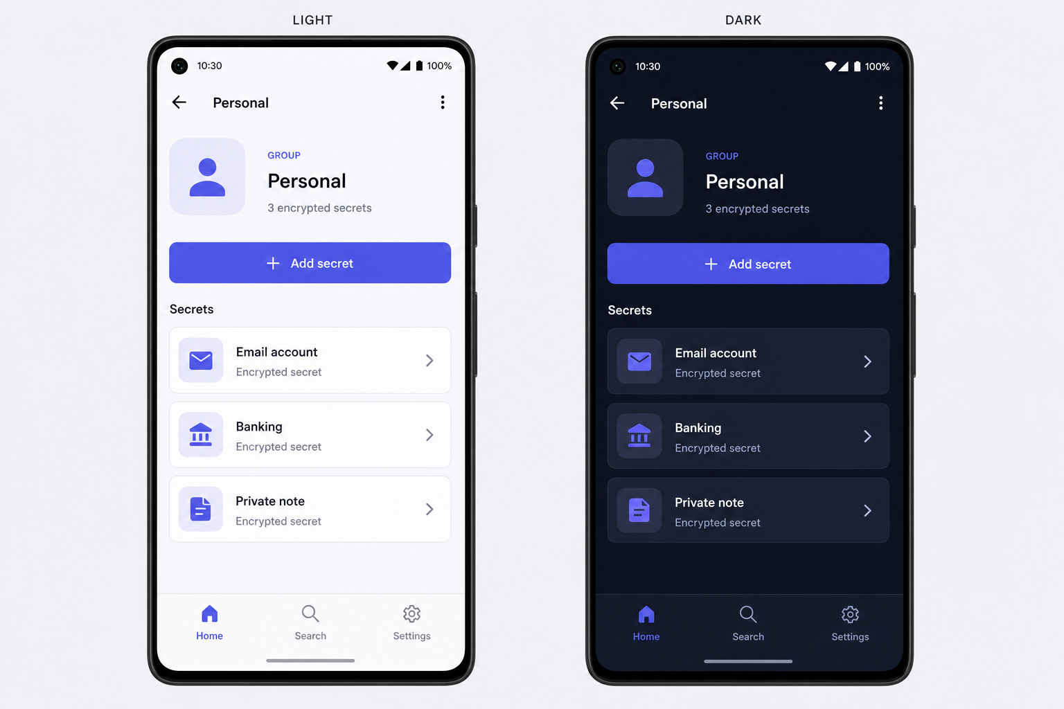 PassCrate design preview showing a Personal group with email, banking, and private note entries in dark mode.